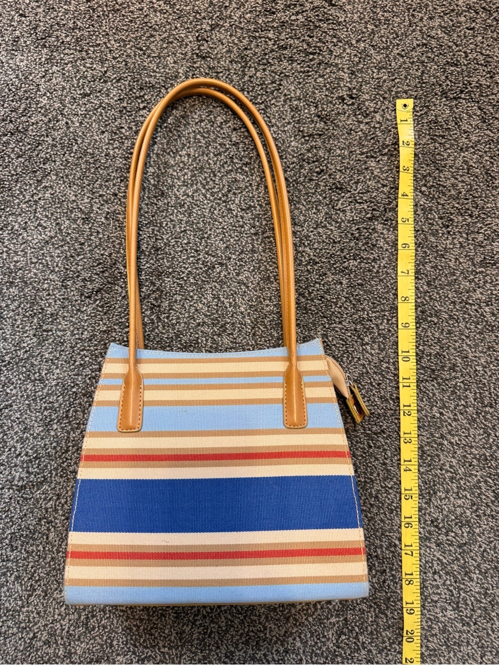 Striped Small Canvas Shoulder Bag Blue Tan Rust Minor Wear Faux Leather Strap - Picture 10 of 16